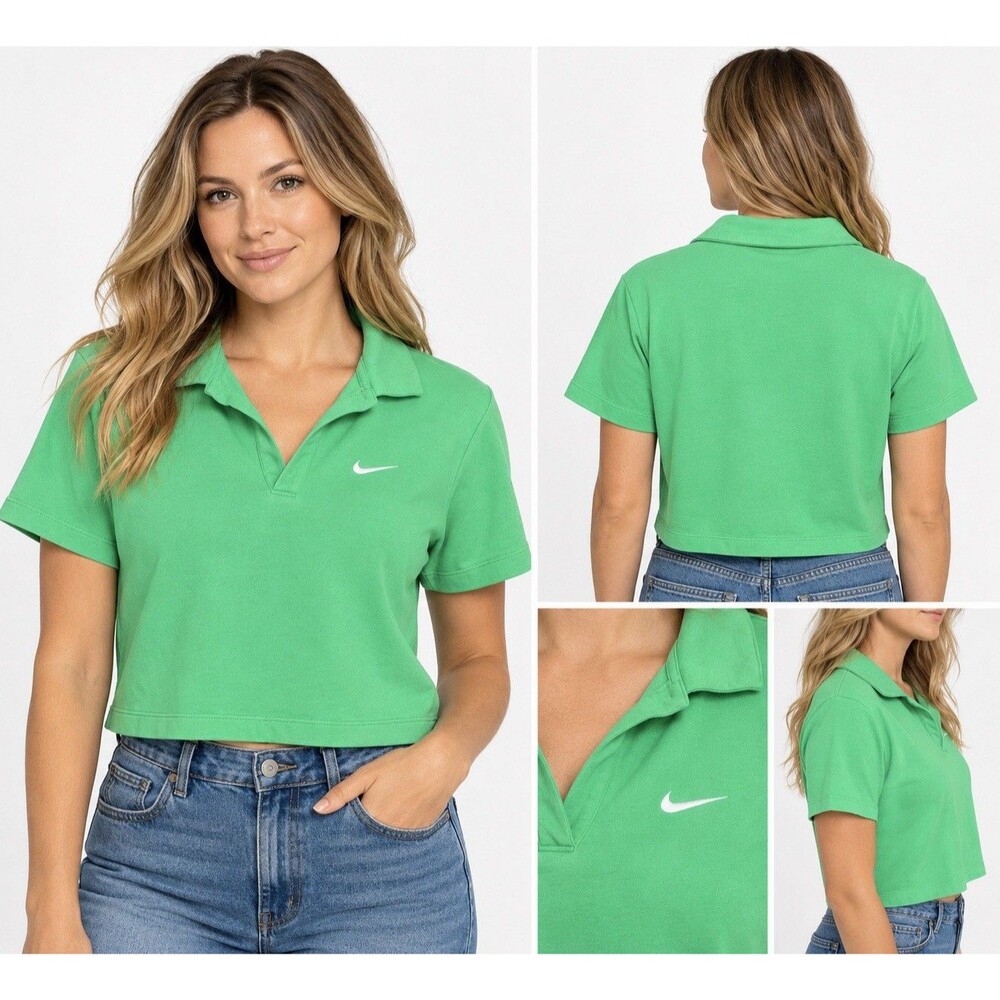 Nike Women's Green Cropped Polo Shirt Size L Short Sleeve Swoosh Cotton Stretch
